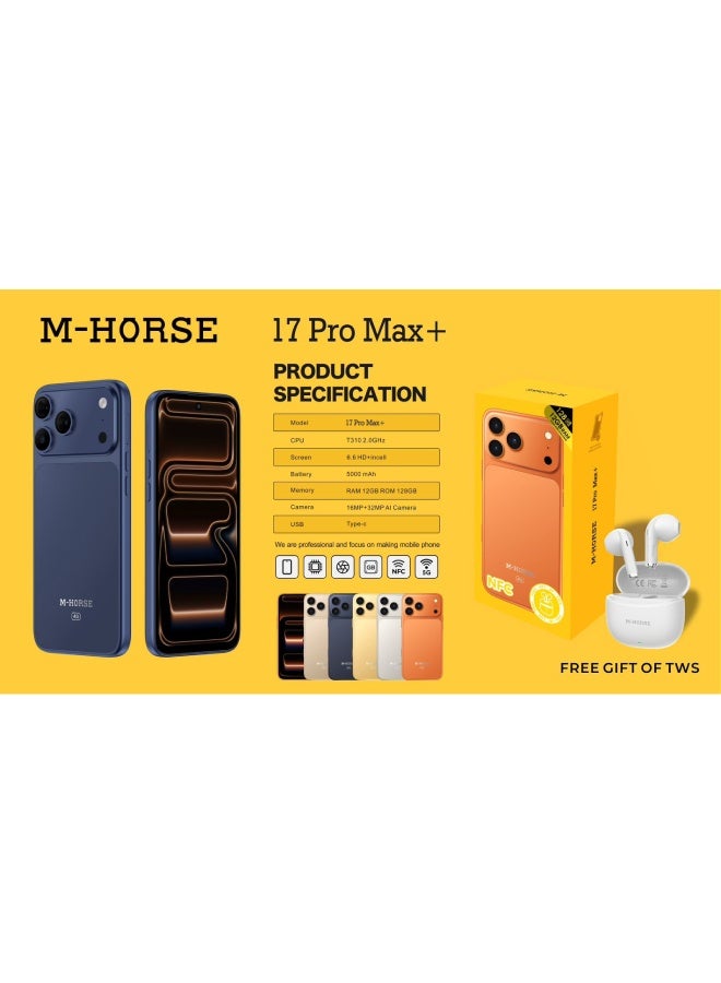 إم-هورس هاتف M-HORSE 17 Pro Max سعة 128 جيجابايت، رام 12 جيجابايت، شاشة Full HD+ كبيرة، كاميرات متعددة، شحن سريع – لون ازرق غامق - Image 3